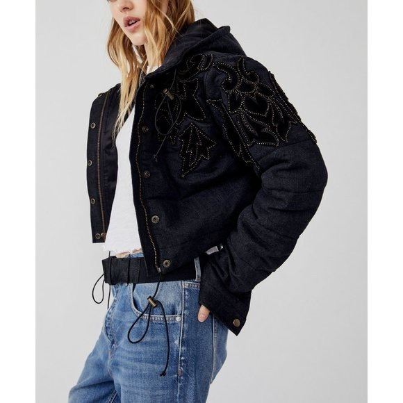 Free People Fleur De Lis Denim Puffer Jacket / Washed Black NWT - Picture 4 of 7